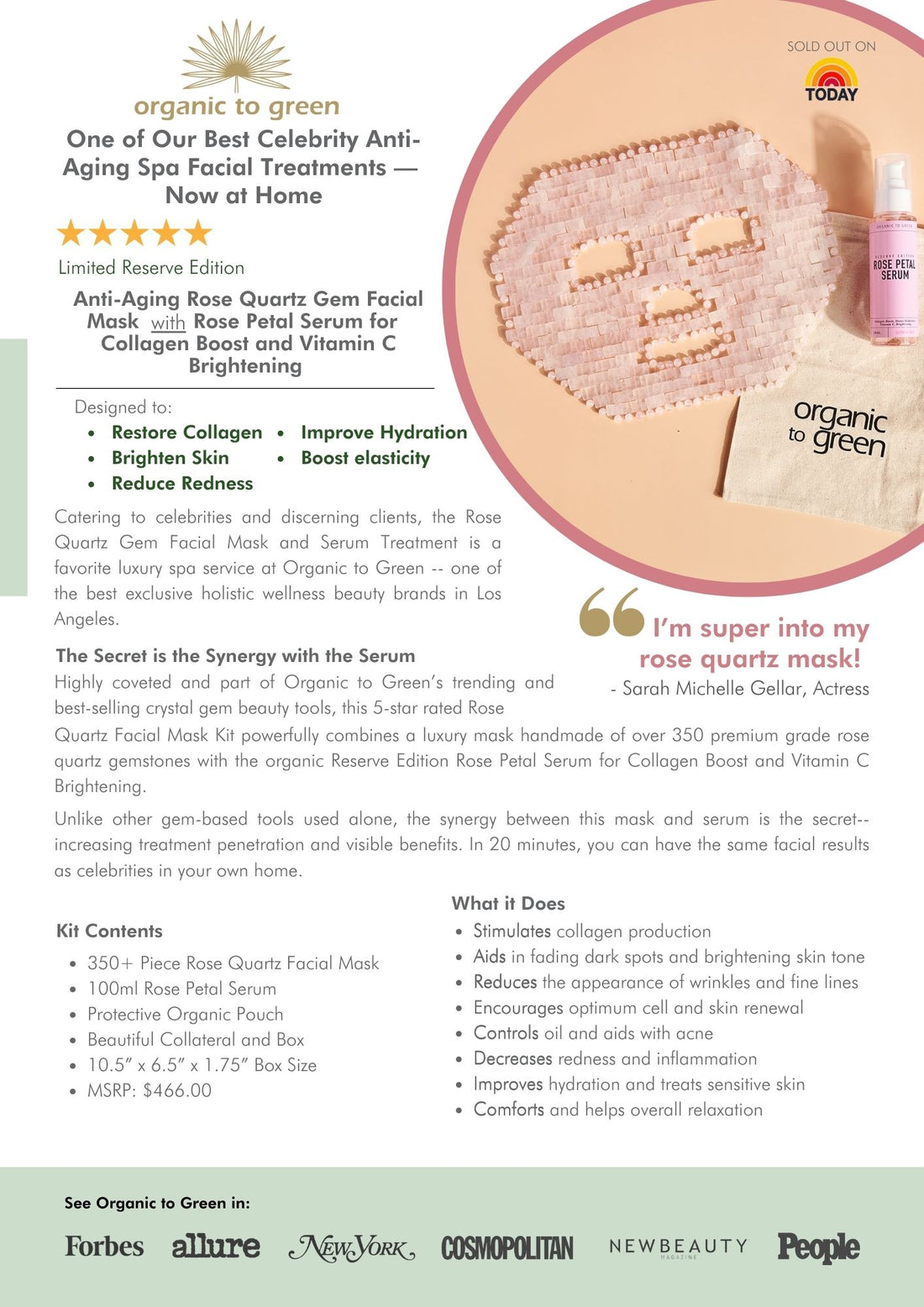 Rose Quartz Crystal Gem Facial Mask For Self-Care + Rose Petal Reserve Serum with Collagen Boost & Vitamin C Brightening
