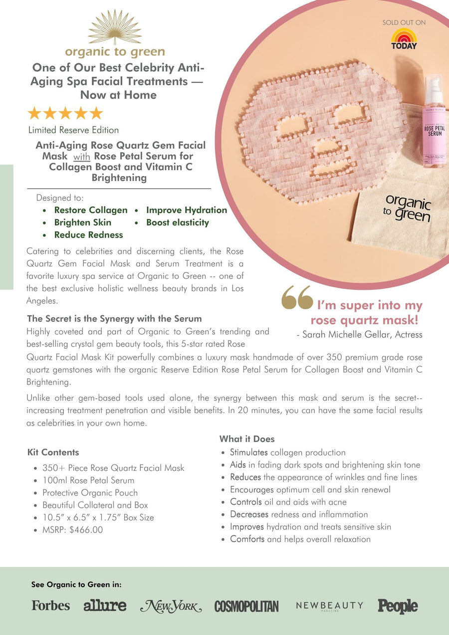 Rose Quartz Crystal Gem Facial Mask For Self-Care + Rose Petal Reserve Serum with Collagen Boost & Vitamin C Brightening