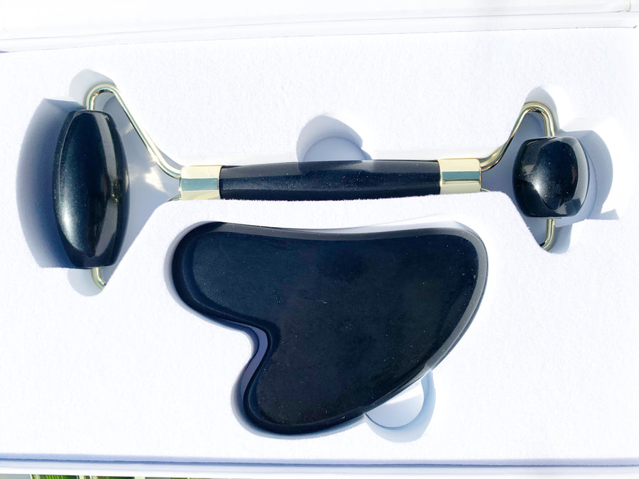 Crystal Roller + Gua Sha Set - Skin Detox - Obsidian