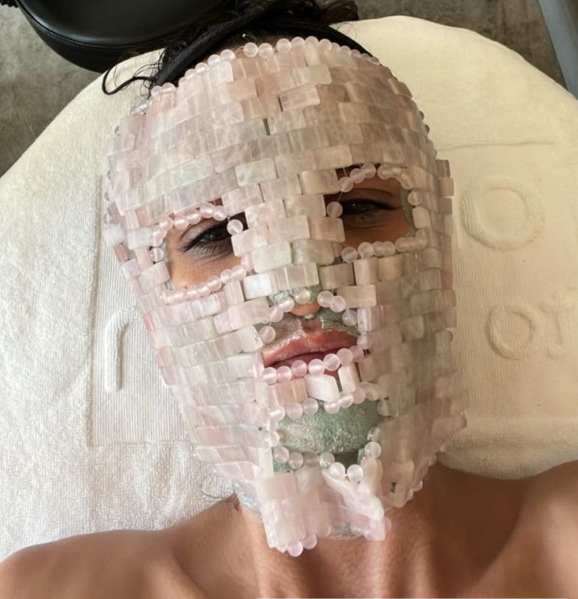 Rose Quartz Crystal Gem Facial Mask For Self-Care + Rose Petal Reserve Serum with Collagen Boost & Vitamin C Brightening